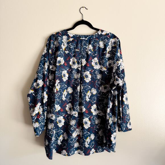 Duluth Trading Co Blue + White Floral Print Button Front Cotton Blouse - 2X - Picture 6 of 7